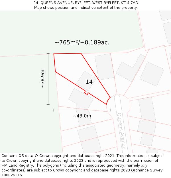 14, QUEENS AVENUE, BYFLEET, WEST BYFLEET, KT14 7AD: Plot and title map