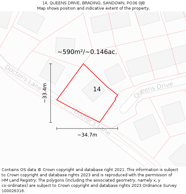 14, QUEENS DRIVE, BRADING, SANDOWN, PO36 0JB: Plot and title map