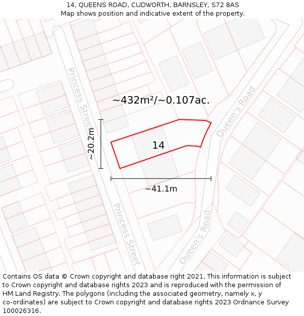 14, QUEENS ROAD, CUDWORTH, BARNSLEY, S72 8AS: Plot and title map