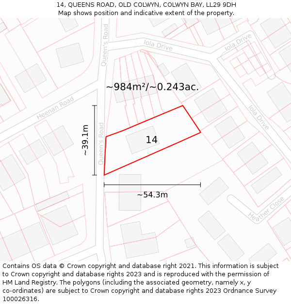 14, QUEENS ROAD, OLD COLWYN, COLWYN BAY, LL29 9DH: Plot and title map