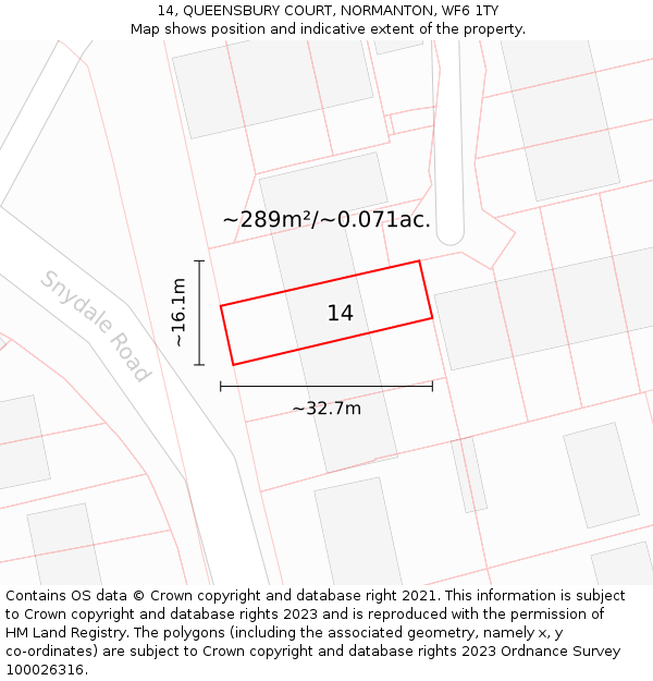 14, QUEENSBURY COURT, NORMANTON, WF6 1TY: Plot and title map