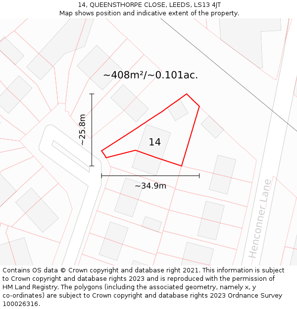 14, QUEENSTHORPE CLOSE, LEEDS, LS13 4JT: Plot and title map