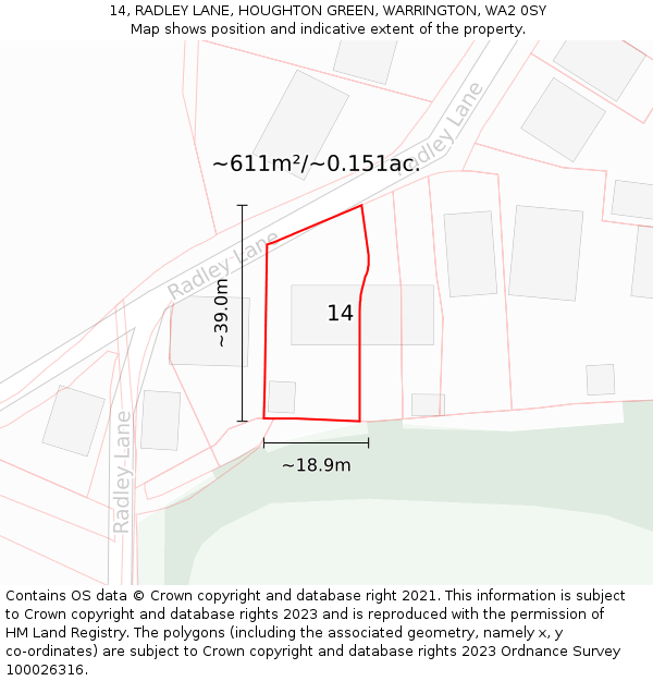 14, RADLEY LANE, HOUGHTON GREEN, WARRINGTON, WA2 0SY: Plot and title map