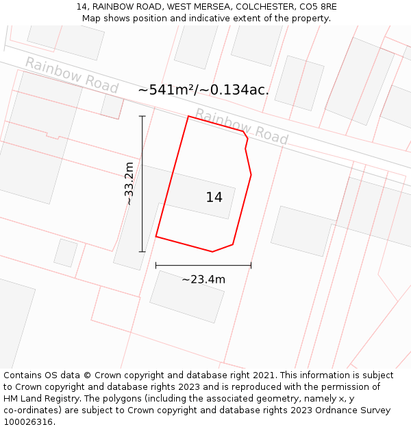 14, RAINBOW ROAD, WEST MERSEA, COLCHESTER, CO5 8RE: Plot and title map