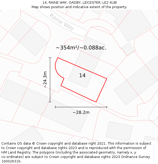 14, RAINE WAY, OADBY, LEICESTER, LE2 4UB: Plot and title map