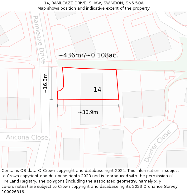 14, RAMLEAZE DRIVE, SHAW, SWINDON, SN5 5QA: Plot and title map
