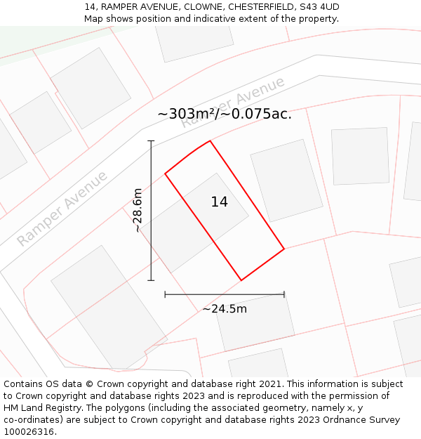 14, RAMPER AVENUE, CLOWNE, CHESTERFIELD, S43 4UD: Plot and title map