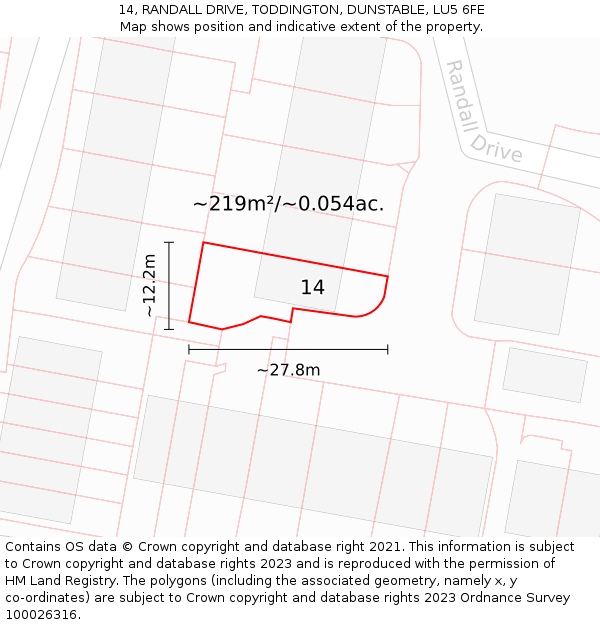 14, RANDALL DRIVE, TODDINGTON, DUNSTABLE, LU5 6FE: Plot and title map