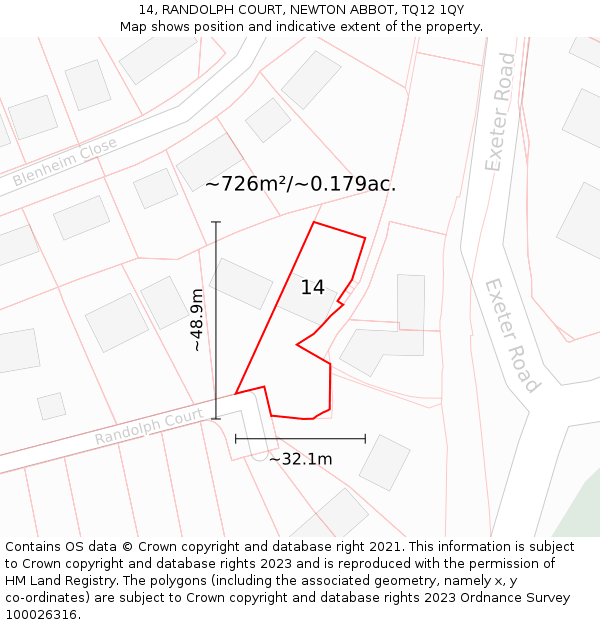 14, RANDOLPH COURT, NEWTON ABBOT, TQ12 1QY: Plot and title map
