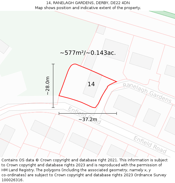 14, RANELAGH GARDENS, DERBY, DE22 4DN: Plot and title map
