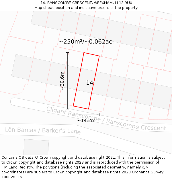 14, RANSCOMBE CRESCENT, WREXHAM, LL13 9UX: Plot and title map