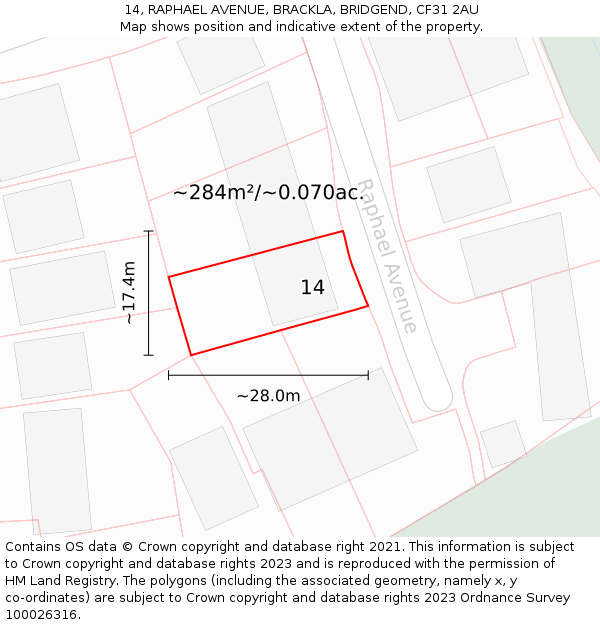 14, RAPHAEL AVENUE, BRACKLA, BRIDGEND, CF31 2AU: Plot and title map