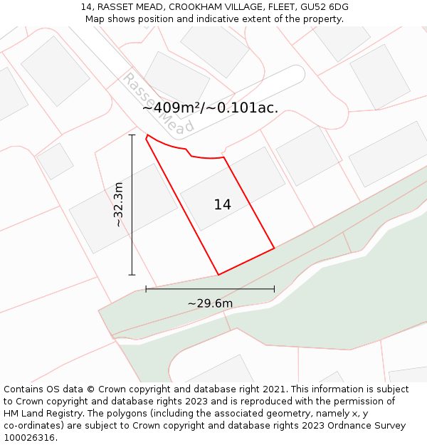 14, RASSET MEAD, CROOKHAM VILLAGE, FLEET, GU52 6DG: Plot and title map