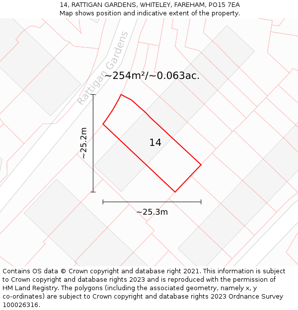 14, RATTIGAN GARDENS, WHITELEY, FAREHAM, PO15 7EA: Plot and title map