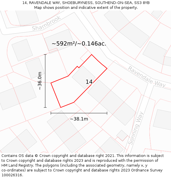 14, RAVENDALE WAY, SHOEBURYNESS, SOUTHEND-ON-SEA, SS3 8YB: Plot and title map