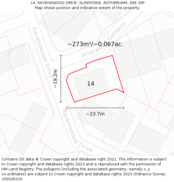 14, RAVENSWOOD DRIVE, SUNNYSIDE, ROTHERHAM, S66 3XP: Plot and title map