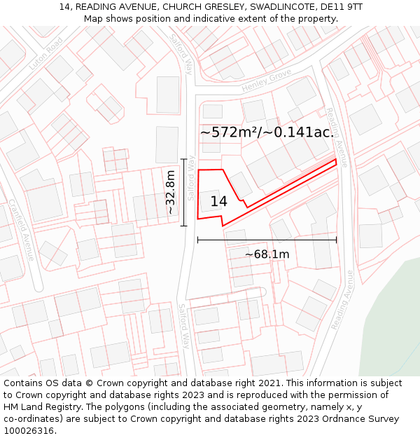 14, READING AVENUE, CHURCH GRESLEY, SWADLINCOTE, DE11 9TT: Plot and title map