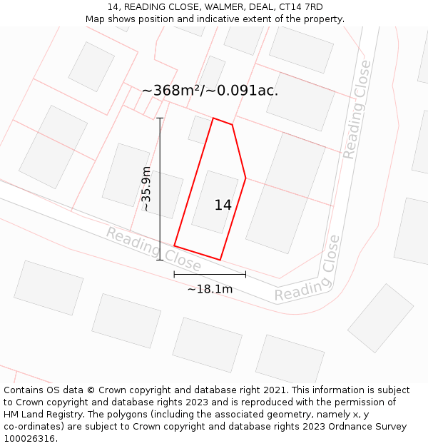 14, READING CLOSE, WALMER, DEAL, CT14 7RD: Plot and title map