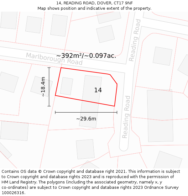 14, READING ROAD, DOVER, CT17 9NF: Plot and title map