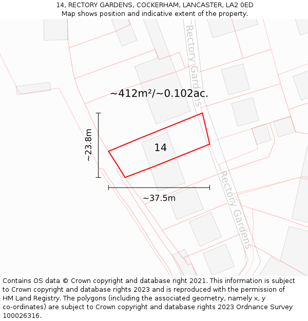 14, RECTORY GARDENS, COCKERHAM, LANCASTER, LA2 0ED: Plot and title map