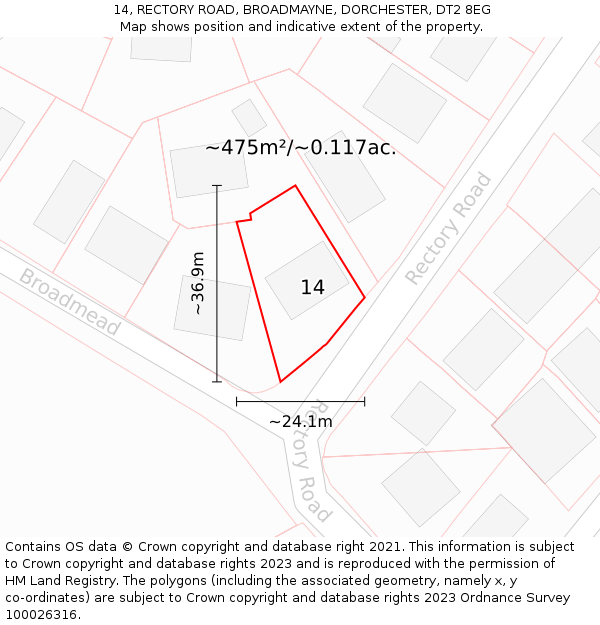 14, RECTORY ROAD, BROADMAYNE, DORCHESTER, DT2 8EG: Plot and title map