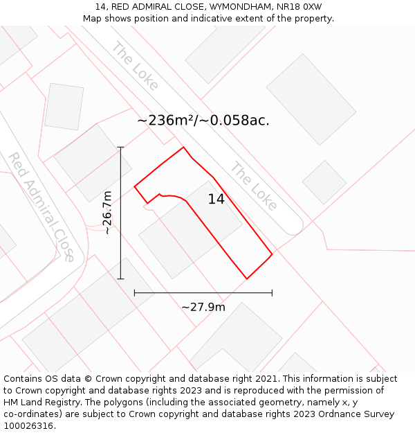 14, RED ADMIRAL CLOSE, WYMONDHAM, NR18 0XW: Plot and title map