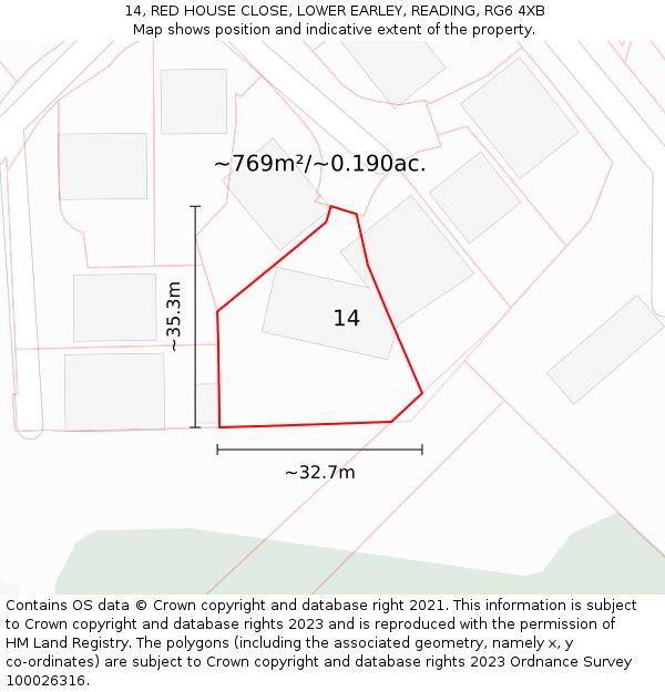 14, RED HOUSE CLOSE, LOWER EARLEY, READING, RG6 4XB: Plot and title map