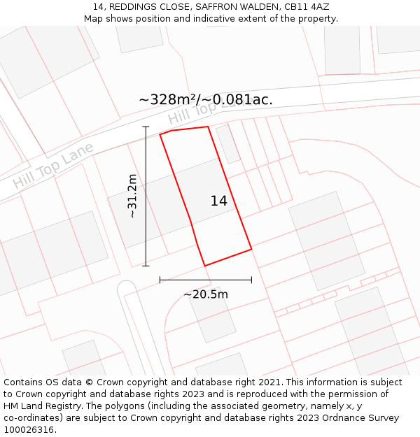 14, REDDINGS CLOSE, SAFFRON WALDEN, CB11 4AZ: Plot and title map