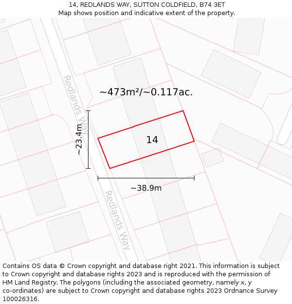 14, REDLANDS WAY, SUTTON COLDFIELD, B74 3ET: Plot and title map