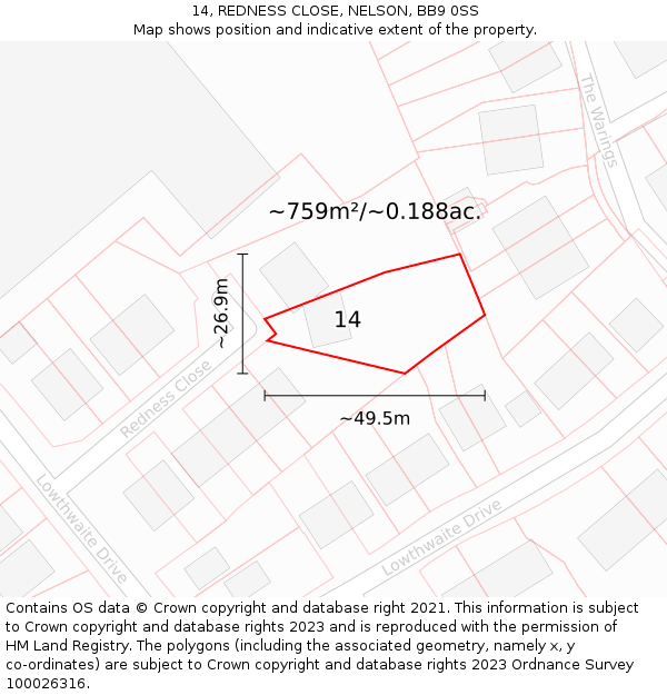 14, REDNESS CLOSE, NELSON, BB9 0SS: Plot and title map