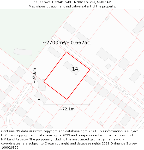 14, REDWELL ROAD, WELLINGBOROUGH, NN8 5AZ: Plot and title map