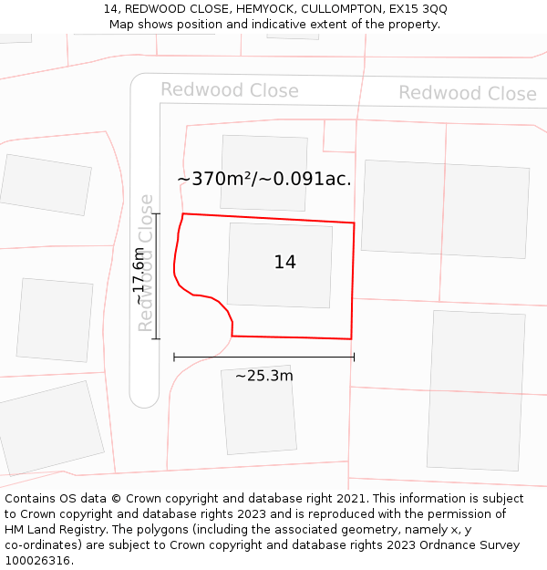 14, REDWOOD CLOSE, HEMYOCK, CULLOMPTON, EX15 3QQ: Plot and title map