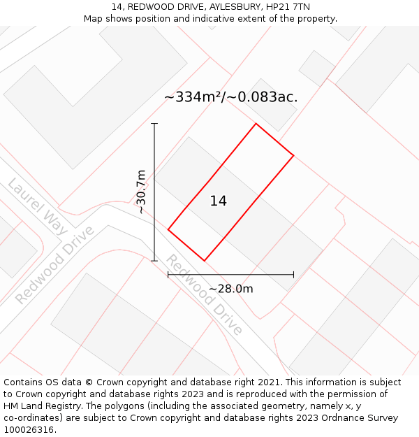 14, REDWOOD DRIVE, AYLESBURY, HP21 7TN: Plot and title map