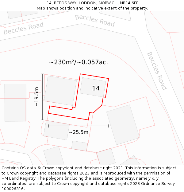 14, REEDS WAY, LODDON, NORWICH, NR14 6FE: Plot and title map
