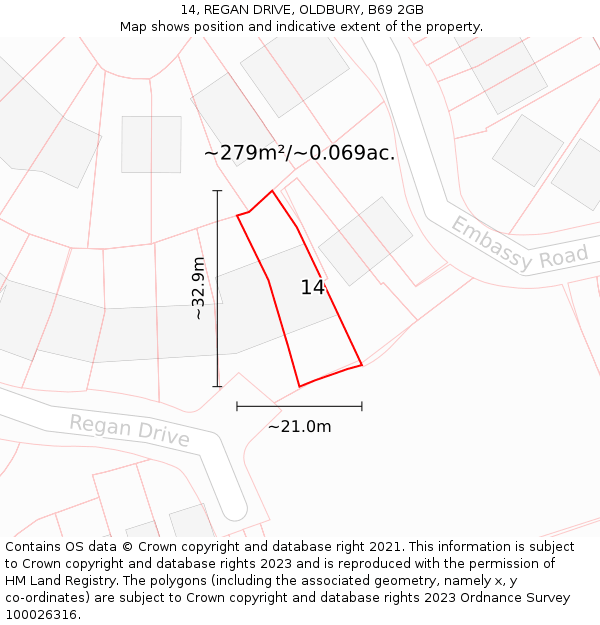 14, REGAN DRIVE, OLDBURY, B69 2GB: Plot and title map