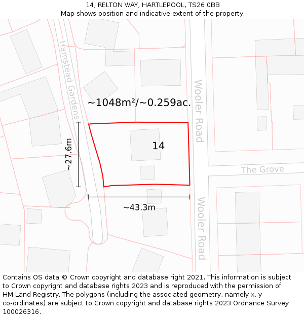 14, RELTON WAY, HARTLEPOOL, TS26 0BB: Plot and title map