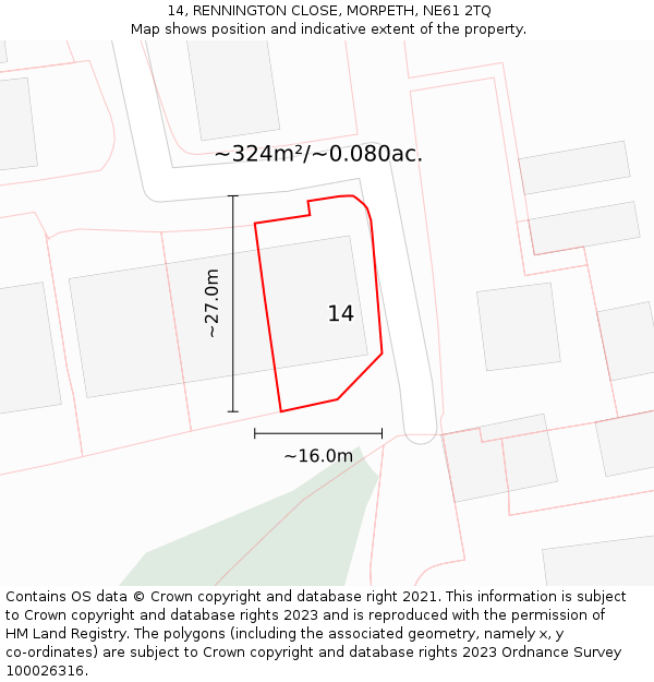 14, RENNINGTON CLOSE, MORPETH, NE61 2TQ: Plot and title map