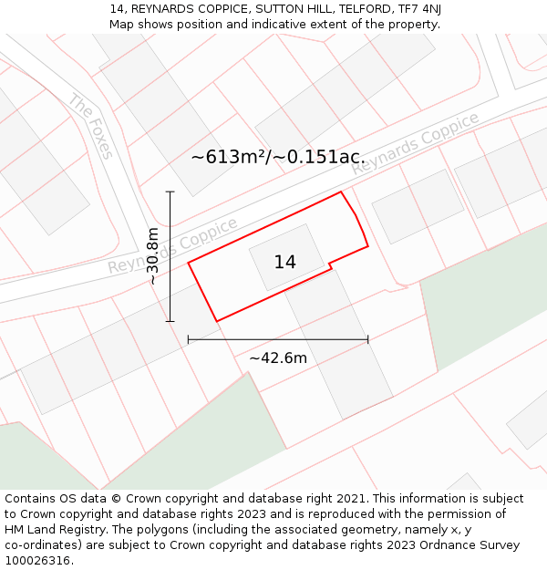 14, REYNARDS COPPICE, SUTTON HILL, TELFORD, TF7 4NJ: Plot and title map