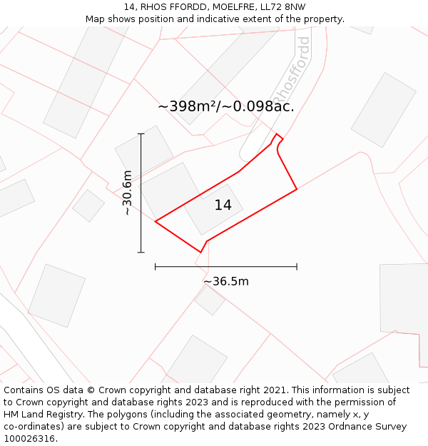 14, RHOS FFORDD, MOELFRE, LL72 8NW: Plot and title map
