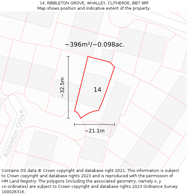 14, RIBBLETON GROVE, WHALLEY, CLITHEROE, BB7 9RF: Plot and title map