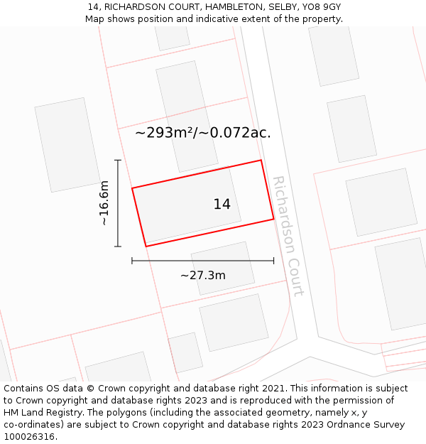 14, RICHARDSON COURT, HAMBLETON, SELBY, YO8 9GY: Plot and title map