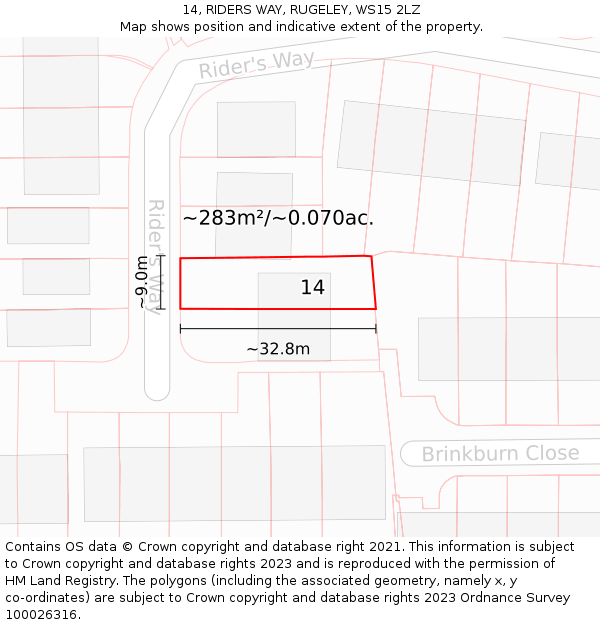 14, RIDERS WAY, RUGELEY, WS15 2LZ: Plot and title map