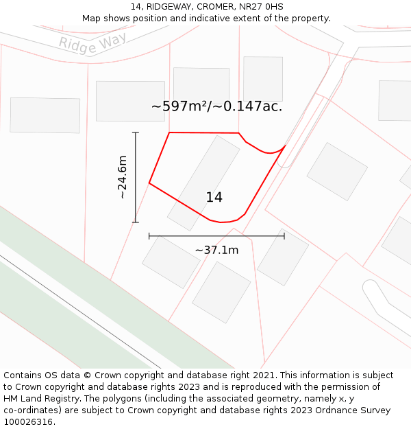 14, RIDGEWAY, CROMER, NR27 0HS: Plot and title map