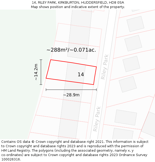 14, RILEY PARK, KIRKBURTON, HUDDERSFIELD, HD8 0SA: Plot and title map
