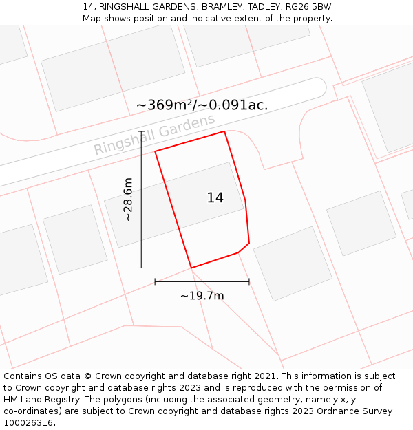 14, RINGSHALL GARDENS, BRAMLEY, TADLEY, RG26 5BW: Plot and title map