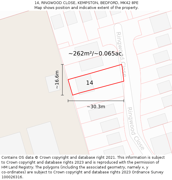14, RINGWOOD CLOSE, KEMPSTON, BEDFORD, MK42 8PE: Plot and title map