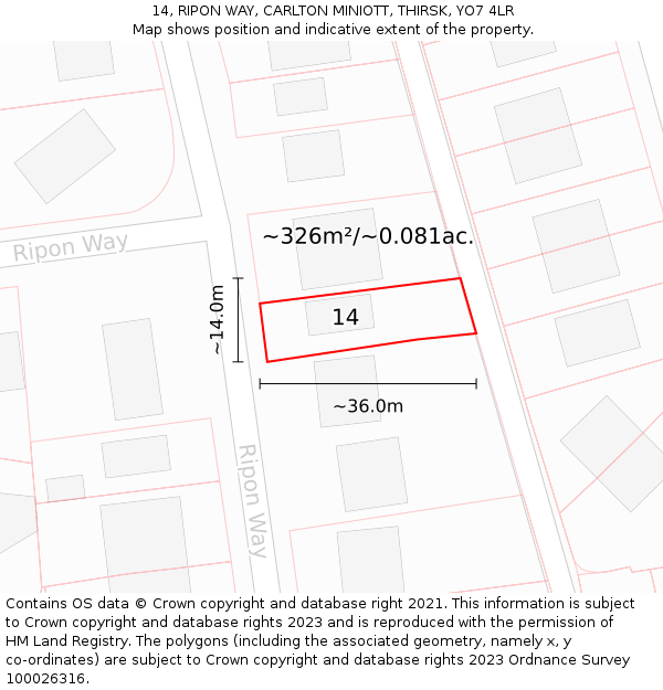 14, RIPON WAY, CARLTON MINIOTT, THIRSK, YO7 4LR: Plot and title map