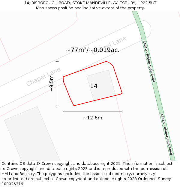 14, RISBOROUGH ROAD, STOKE MANDEVILLE, AYLESBURY, HP22 5UT: Plot and title map