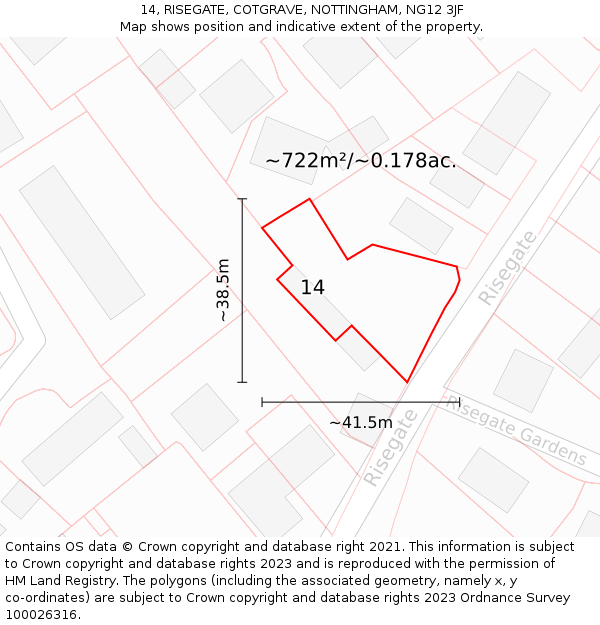 14, RISEGATE, COTGRAVE, NOTTINGHAM, NG12 3JF: Plot and title map