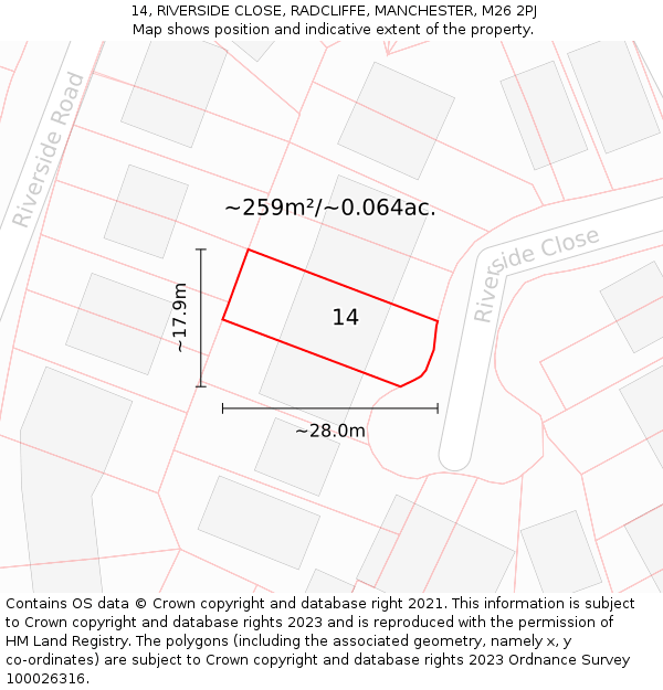 14, RIVERSIDE CLOSE, RADCLIFFE, MANCHESTER, M26 2PJ: Plot and title map